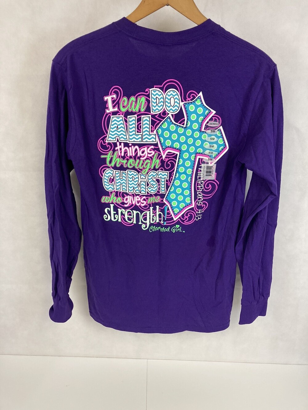 NWT Woman Christian Purple LS Tee Cherish Jesus Christ Phil 4:13 Strength TShirt